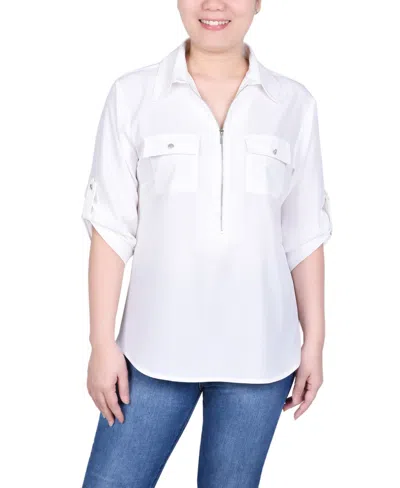 Ny Collection Petite 3/4 Roll Tab Sleeve Zip Front Blouse In White