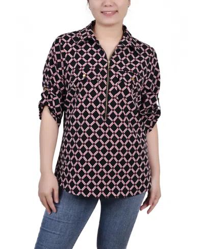 Ny Collection Petite 3/4 Roll Tab Sleeve Zip Front Top In Multi