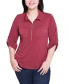 Ny Collection Petite 3/4 Roll Tab Zip Front Top In Brown