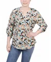 Ny Collection Petite 3/4 Roll Tap Pullover Top In Autumn Blue Abstract