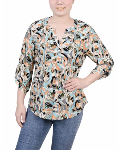 Ny Collection Petite 3/4 Roll Tap Pullover Top In Autumn Blue Abstract