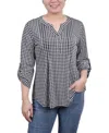 Ny Collection Petite 3/4 Roll Tap Pullover Top In Black White Herringbone