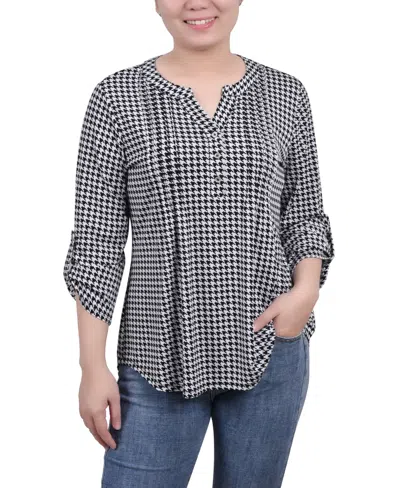 Ny Collection Petite 3/4 Roll Tap Pullover Top In Black White Herringbone