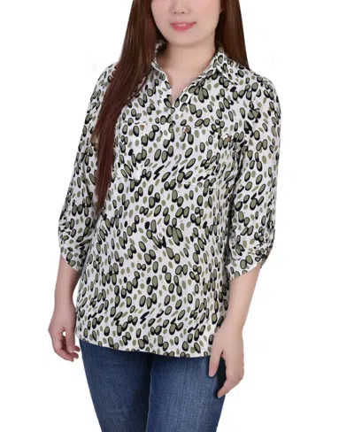 Ny Collection Petite 3/4 Ruched Sleeve Studded Y-neck Top In White