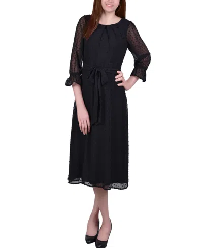 Ny Collection Petite 3/4 Sleeve Belted Swiss Dot Dress In Black