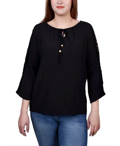 Ny Collection Petite 3/4 Sleeve Crochet Detail Top In Black