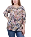 Ny Collection Petite 3/4 Sleeve Drawstring Neck Blouse Top In Blue Multi