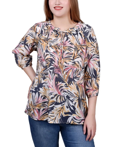 Ny Collection Petite 3/4 Sleeve Drawstring Neck Blouse Top In Blue