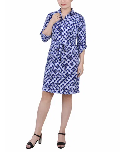 NY COLLECTION PETITE 3/4-SLEEVE PRINTED SHIRT DRESS
