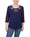 Ny Collection Petite 3/4 Sleeve Ringed Mesh Top In Eclipse