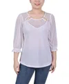 Ny Collection Petite 3/4 Sleeve Ringed Mesh Top In White
