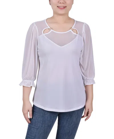 Ny Collection Petite 3/4 Sleeve Ringed Mesh Top In White
