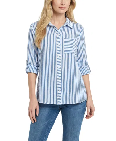 Ny Collection Petite 3/4 Sleeve Roll Tab Blouse In Blue
