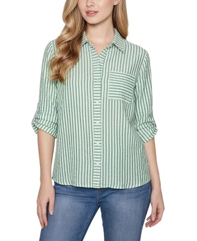 Ny Collection Petite 3/4 Sleeve Roll Tab Blouse In Blue