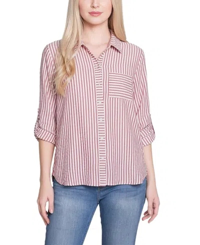 Ny Collection Petite 3/4 Sleeve Roll Tab Blouse In Neutral
