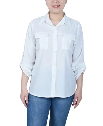 Ny Collection Petite 3/4 Sleeve Roll Tab Utility Blouse In Pure White