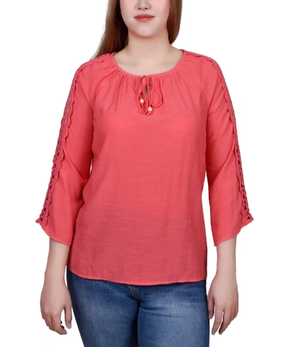 Ny Collection Petite 3/4 Sleeve Tunic With Crochet And Tie Neck In Coral