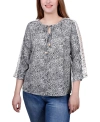Shop Ny Collection Petite 3/4 Sleeve Tunic With Crochet And Tie Neck In Navy Ivory Paisley