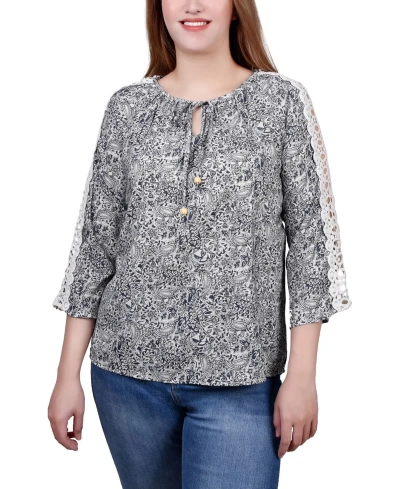 Ny Collection Petite 3/4 Sleeve Tunic With Crochet And Tie Neck In Navy Ivory Paisley
