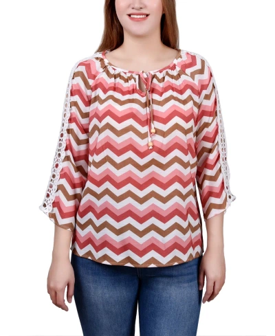 Ny Collection Petite 3/4 Sleeve Tunic With Crochet And Tie Neck In Pink Wht Chevron