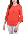 Ny Collection Petite 3/4 Tulip Sleeve Top With Necklace In Poppy Red