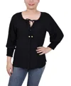 Ny Collection Petite Button Front 3/4 Sleeve Blouse In Black