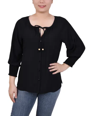 NY COLLECTION PETITE BUTTON FRONT 3/4 SLEEVE BLOUSE