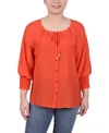 Ny Collection Petite Button Front 3/4 Sleeve Blouse In Fiesta Red