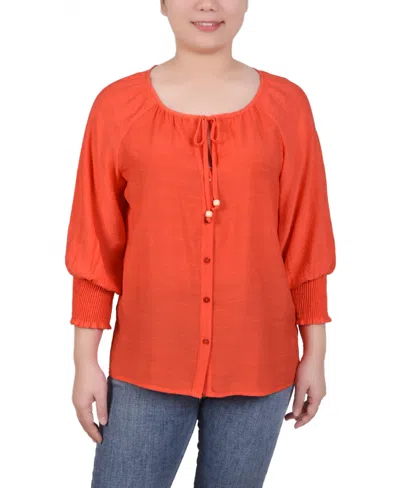 Ny Collection Petite Button Front 3/4 Sleeve Blouse In Fiesta Red