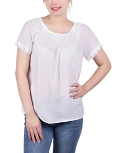 Ny Collection Petite Cap Sleeve Top With Smocking And Crochet Trim In White