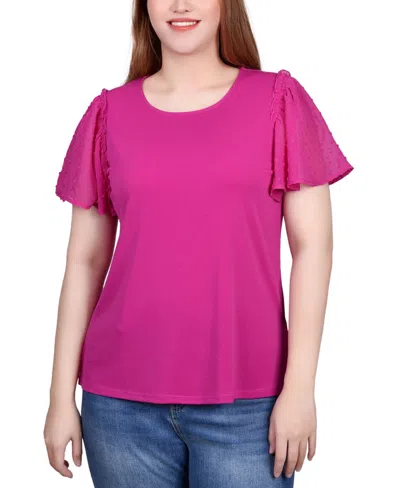 NY COLLECTION PETITE CLIP DOT FLUTTER SLEEVE TOP