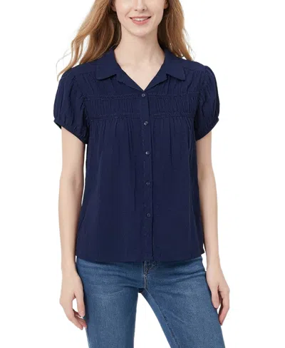 Ny Collection Petite Collared Rouched Yoke Top In Blue