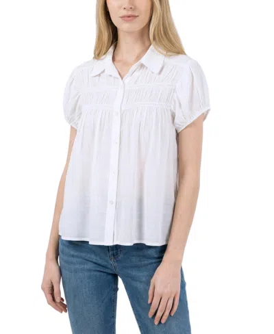 Ny Collection Petite Collared Rouched Yoke Top In White