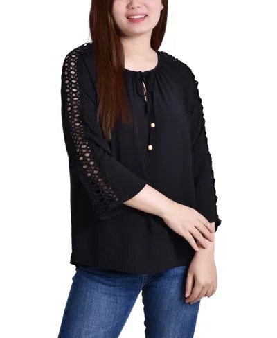 Ny Collection Petites Womens Eylett Sleeves Tie Neck Pullover Top In Black