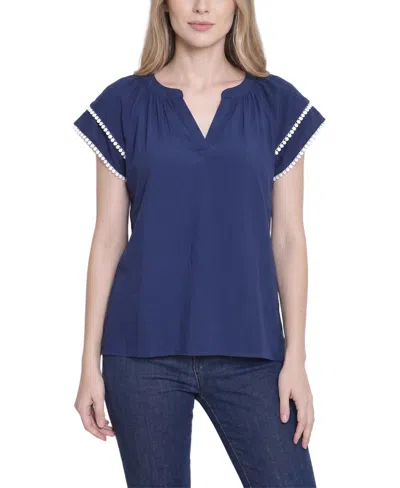 Ny Collection Petite Double-layer V Neck Blouse In Blue