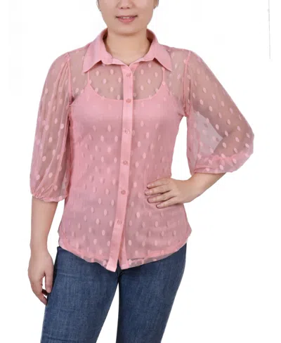 Ny Collection Petite Elbow Sleeve Clip Dot Top In Pink