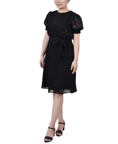 Ny Collection Petite Elbow Sleeve Swiss Dot Dress In Multi
