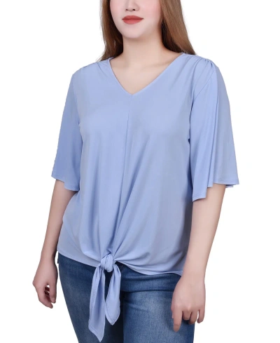 Ny Collection Petite Elbow Sleeve Tie-front Top In Blue Heron