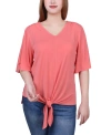 NY COLLECTION PETITE ELBOW SLEEVE TIE-FRONT TOP