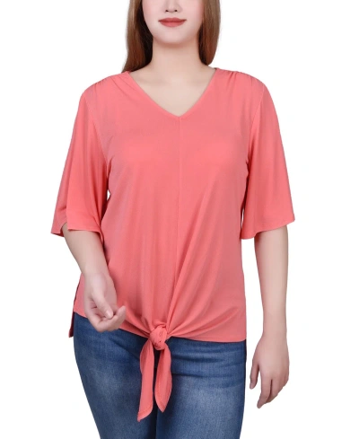 Ny Collection Petite Elbow Sleeve Tie-front Top In Sugar Coral