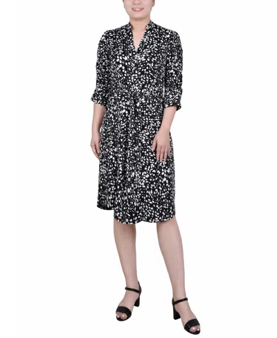 NY COLLECTION PETITE ELBOW SLEEVE Y NECK SHIRTDRESS