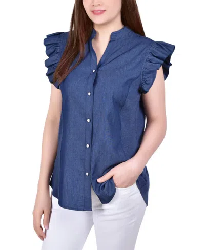 Ny Collection Petite Flutter Sleeve Chambray Top In Blue