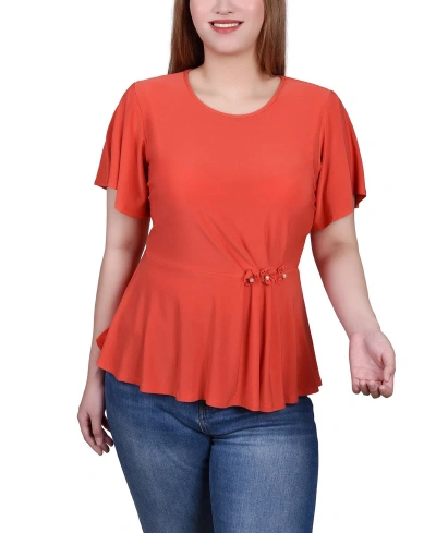 Ny Collection Petite Flutter Sleeve Flower-detail Top In Paprika