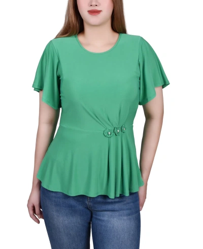 Ny Collection Petite Flutter Sleeve Flower-detail Top In Simply Green