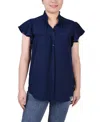 Ny Collection Petite Flutter Sleeve Ruffle Neck Blouse In Navy