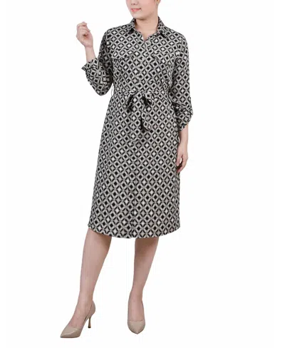 Ny Collection Petite Geometric Printed Long Sleeve Roll Tab Shirtdress In Black