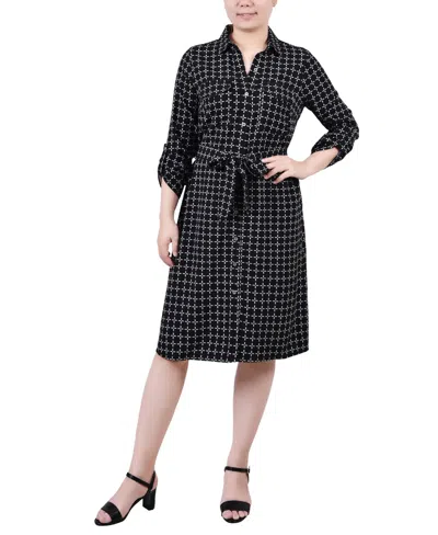 NY COLLECTION PETITE GEOMETRIC PRINTED LONG SLEEVE ROLL TAB SHIRTDRESS