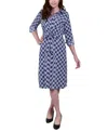 Ny Collection Petite Geometric Printed Long Sleeve Roll Tab Shirtdress In Blue