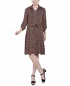 Ny Collection Petite Geometric Printed Roll Tab Sleeve Dobby Shirt Dress In Black Red Scarlet Waves