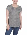 Ny Collection Petite Grommet Neck Knit Short Extended Sleeve Top In Almond Tilo